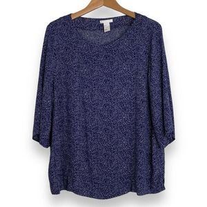 H&M Size 14 Women's Blouse Top Navy Blue Polkadots print 3/4 sleeve lightweight